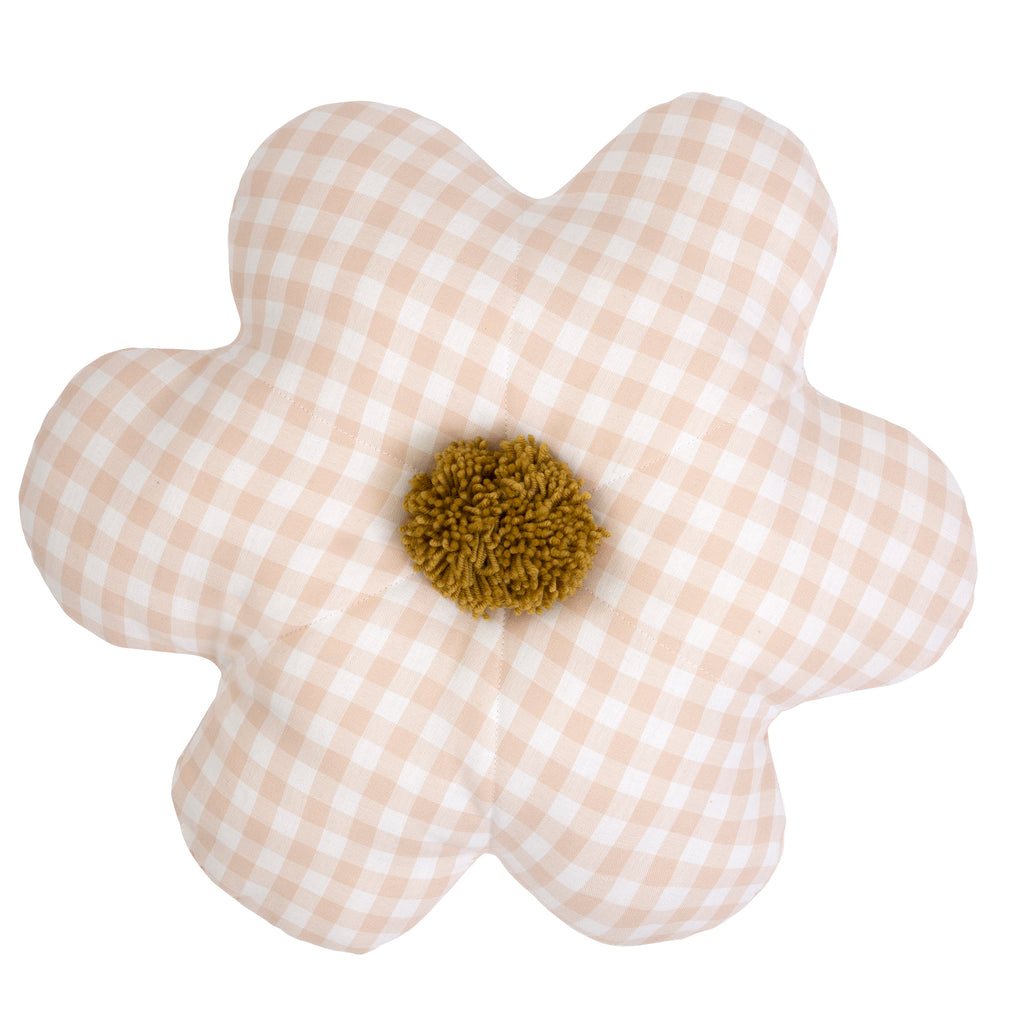 Pink Gingham Daisy Pillow with pom pom in middle