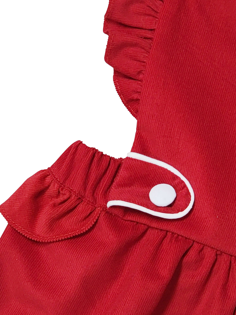 detailed white buttons on red jumper dress 