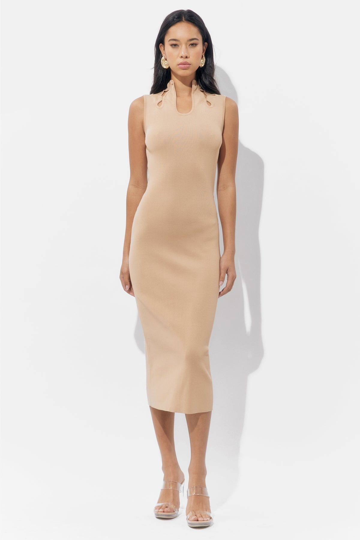 Trish Sculpted Cut Out Knit Nude Midi Dress - La Mre Village Trish Sculpted Cut Out Knit Nude Midi Dress - La Mre Village