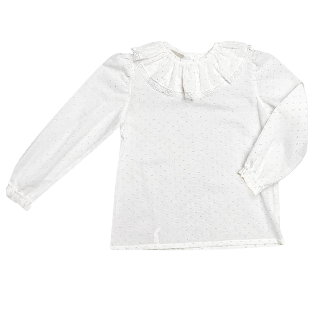 White plumetti beige dots ruffle blouse