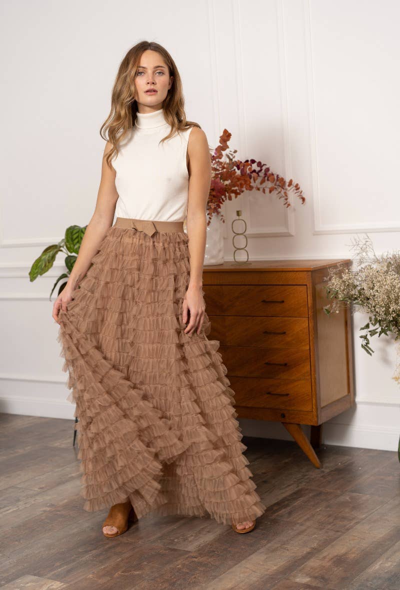 Tulle Long Skirt with Ruffles | Camel S/M